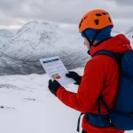 A winter mountaineer navigating a snowy Scottish ridge with distant peaks and moody skies, symbolising avalanche safety awareness in the Highlands.