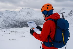 A winter mountaineer navigating a snowy Scottish ridge with distant peaks and moody skies, symbolising avalanche safety awareness in the Highlands.