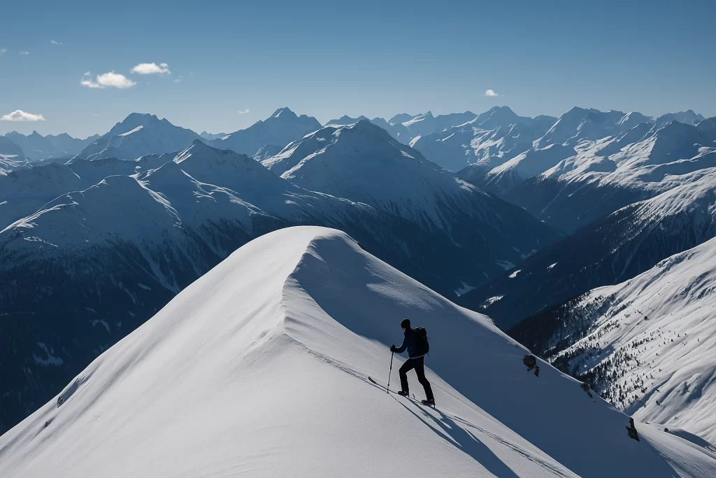 solo ski tourer coles to a mountain summit showing the importance of Avalanche Safely in Europe