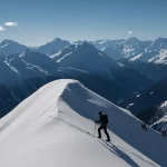 A lone ski mountaineer traversing a snowy alpine ridge in the European Alps, with dramatic mountain peaks and avalanche-prone slopes in the background. showing the need to understand the avalanche safety in Europe