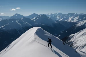 A lone ski mountaineer traversing a snowy alpine ridge in the European Alps, with dramatic mountain peaks and avalanche-prone slopes in the background. showing the need to understand the avalanche safety in Europe