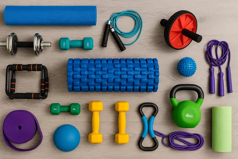 image displaying fitness equipment laid out on a wooden floor.