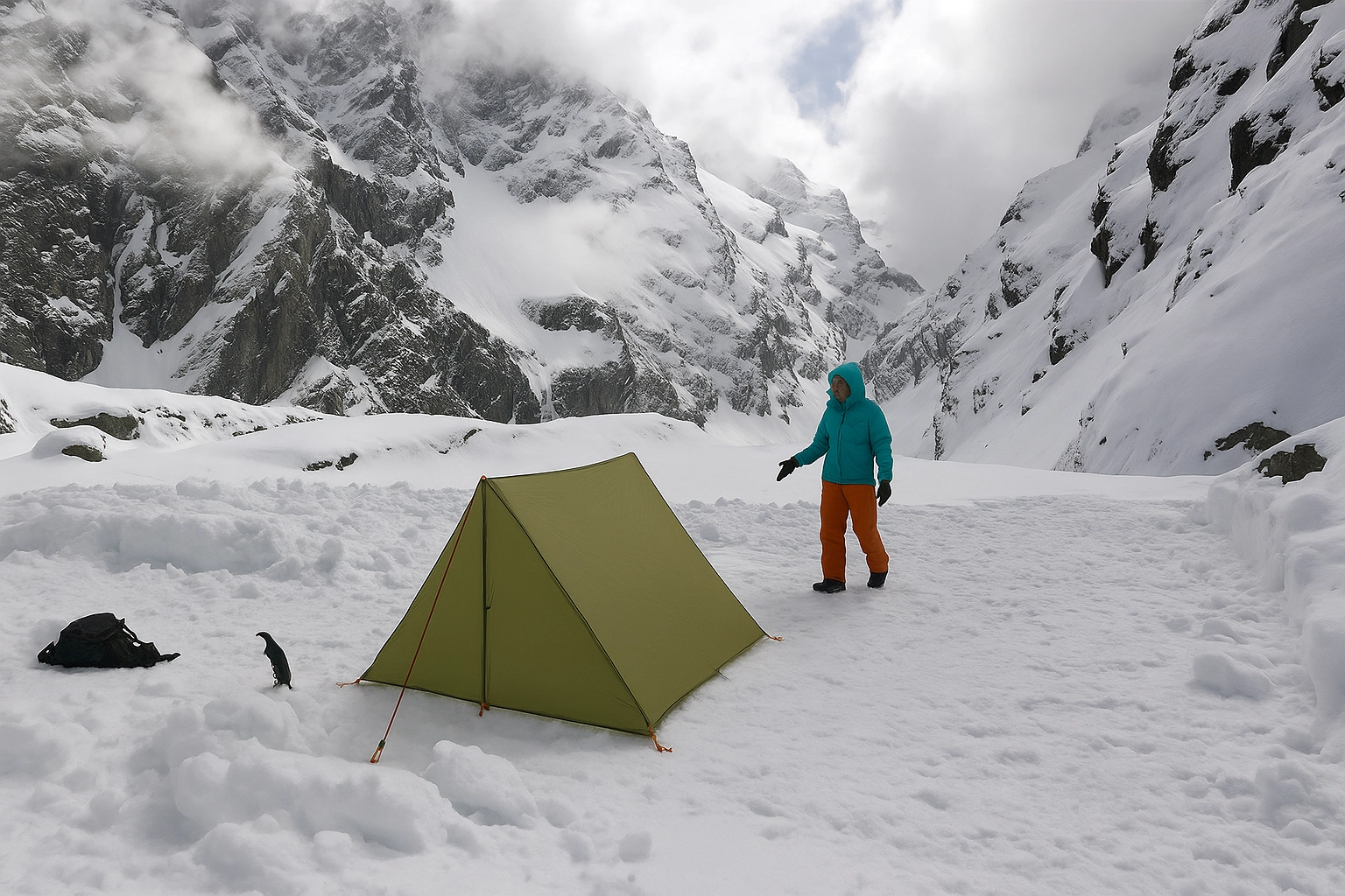 Ultralight fly tent tarp pitched in a snowy alpine landscape with a hiker nearby and dramatic mountain peaks in the background.