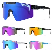 5 x pairs Pit Viper sunglasses showing different variations for frame and lens colours. could black frame with blue lens. black frame with rose lens, black frame with gold lens, white frame with blue lens, light blue frame with pink lens.