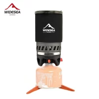 Widesea Camping Cooking System with integrated heat exchanger and compact design with gas canister and stand attached. Displayed on a white background.