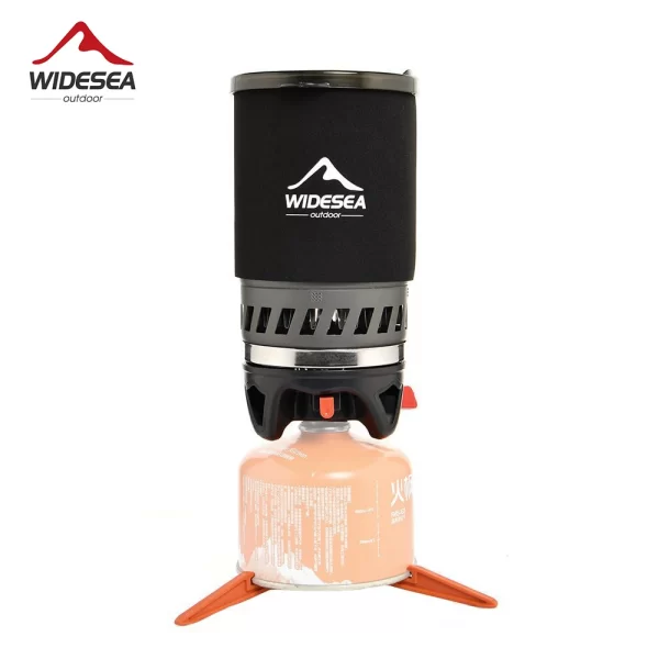 Widesea Camping Cooking System with integrated heat exchanger and compact design with gas canister and stand attached. Displayed on a white background.