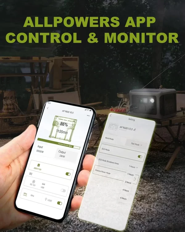 Mobile phone showing an App controlling a Black Portable Power Station for Camping