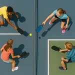 Birds-eye view 4 people learning to play pickleball for beginners.
