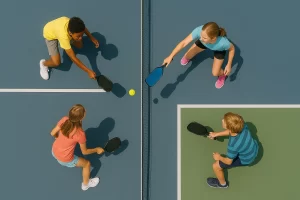 Birds-eye view 4 people learning to play pickleball for beginners.