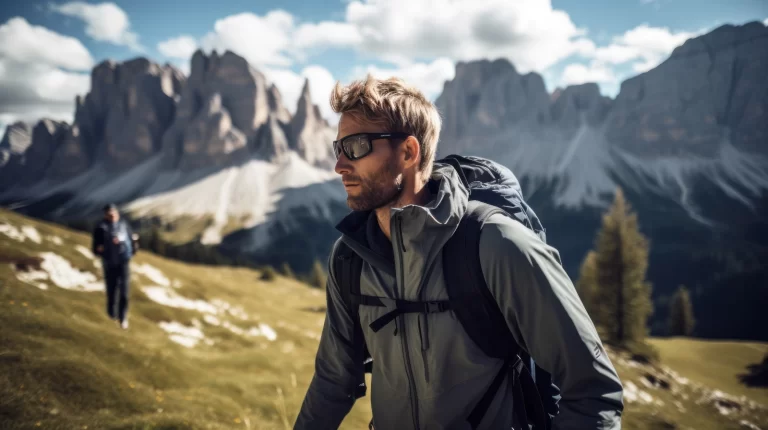 Male hikers wearing sunglasses exploring the Dolomites with backpacks, wearing high-quality outdoor activity equipment and clothing.