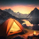 image showing camping equipment and tent, at sun set with mounatins in the background.