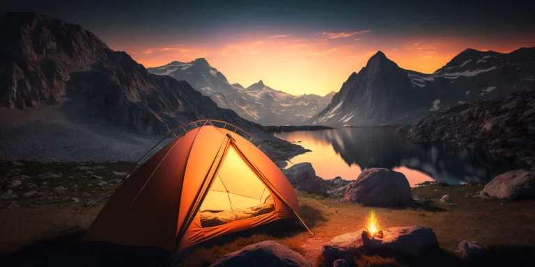 image showing camping equipment and tent, at sun set with mounatins in the background.