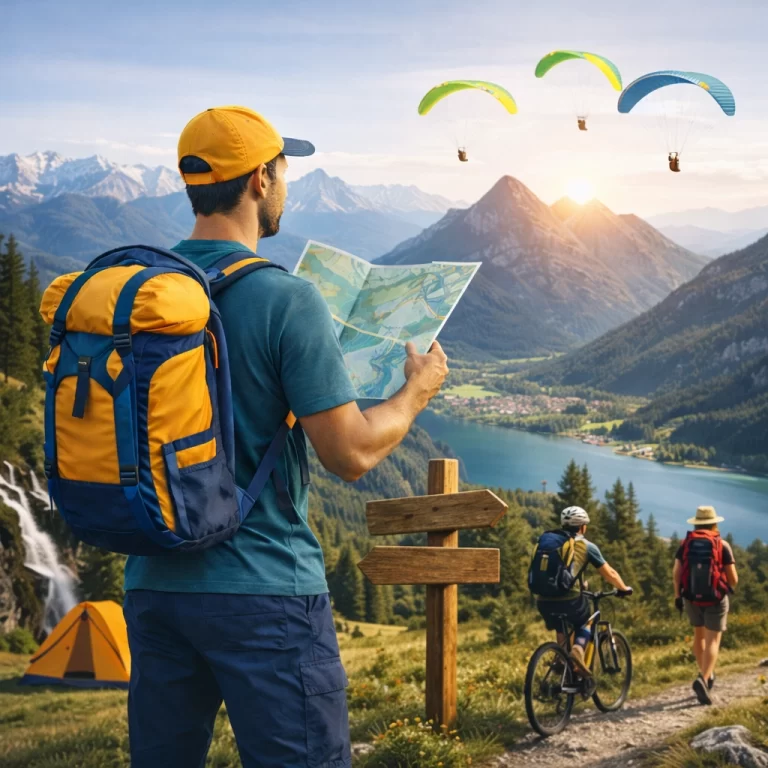 Outdoor Adventure Training, Ski Coaching & Mountain Bike Courses. Adventurer planning a guided adventure holiday in the mountains with map and alpine views.