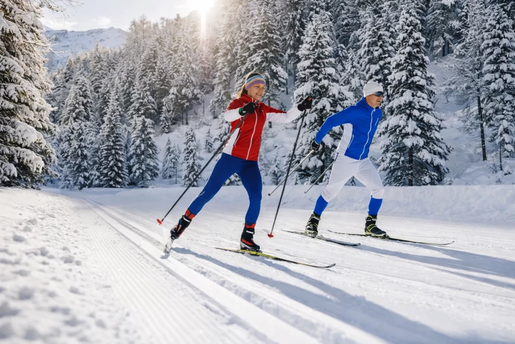 Cross-country ski coaching session with skaters training on a groomed trail in a winter forest