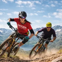 Instructor-led mountain bike coaching session on an alpine trail with OXYGEN Adventures Training