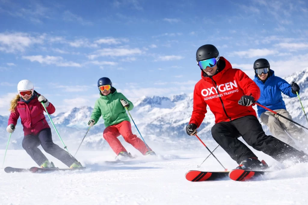 Alpine ski coaching group following an instructor in red during a structured training session