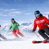 Alpine ski coaching group following an instructor in red during a structured training session