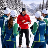 Team training session led by professional coach with OXYGEN Adventures Training in a winter alpine environment.
