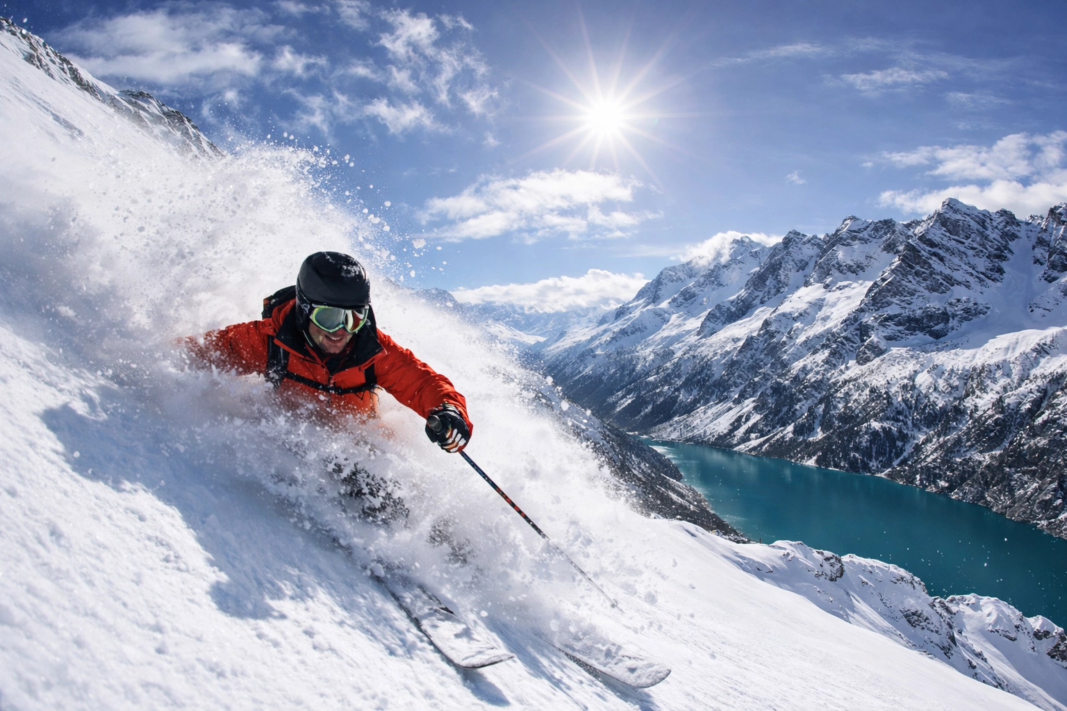 Off-piste skier in a red jacket carving through deep powder above an alpine lake under a clear winter sky